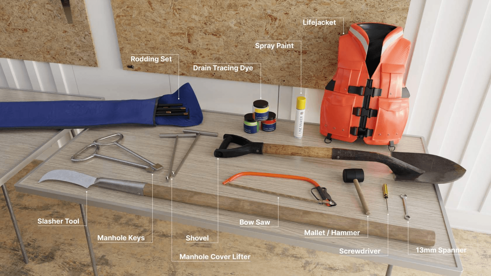 An assortment of drainage tools.
